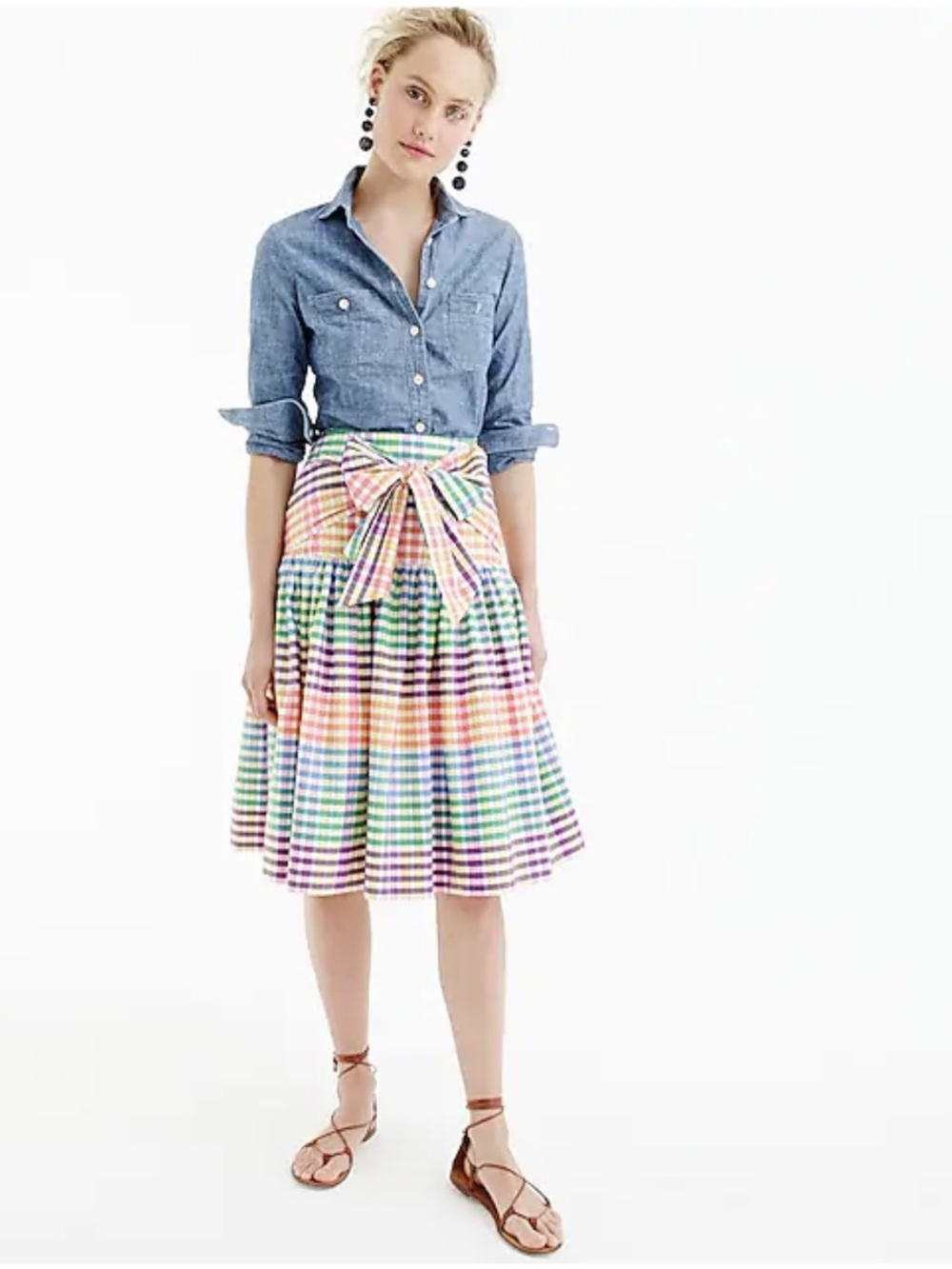 J.Crew G5031 Rainbow Gingham Tie-Front Cotton Midi Skirt Size 4